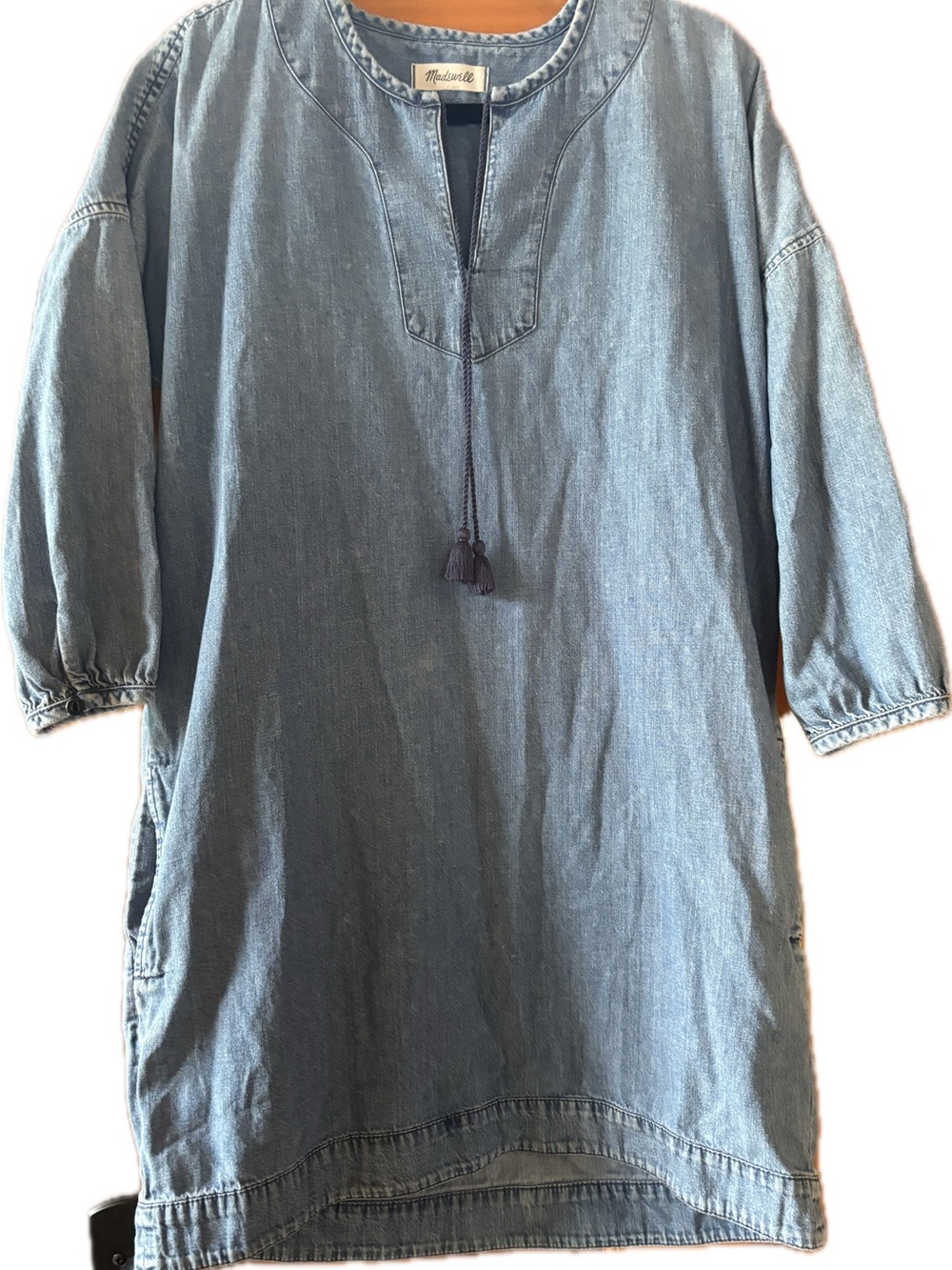 Madewell Chambray Tunic with Navy Tassel Trim - Light Blue